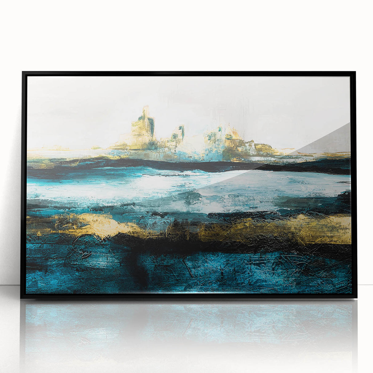 Framed abstract landscape wall art in black acrylic, showcasing vibrant colors and fluid shapes, perfect for modern home decor.