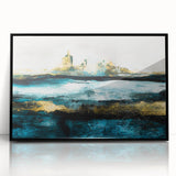 Framed abstract landscape wall art in black acrylic, showcasing vibrant colors and fluid shapes, perfect for modern home decor.