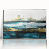 Framed abstract landscape wall art collection in white frame, showcasing vibrant colors and unique designs for modern decor.