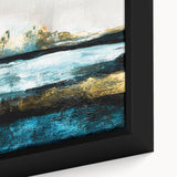Close-up of a framed abstract landscape canvas art piece, showcasing vibrant colors and intricate textures, perfect for modern home decor.