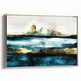 Framed abstract landscape wall art in silver, showcasing vibrant colors and fluid shapes, perfect for modern home decor.