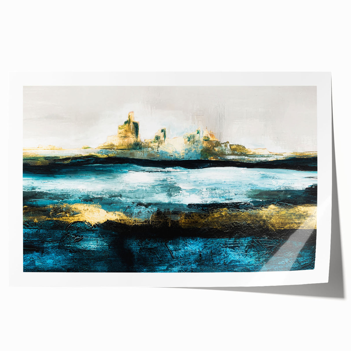 Abstract landscape wall art print showcasing vibrant colors and fluid shapes, perfect for modern decor, rolled and ready for framing.