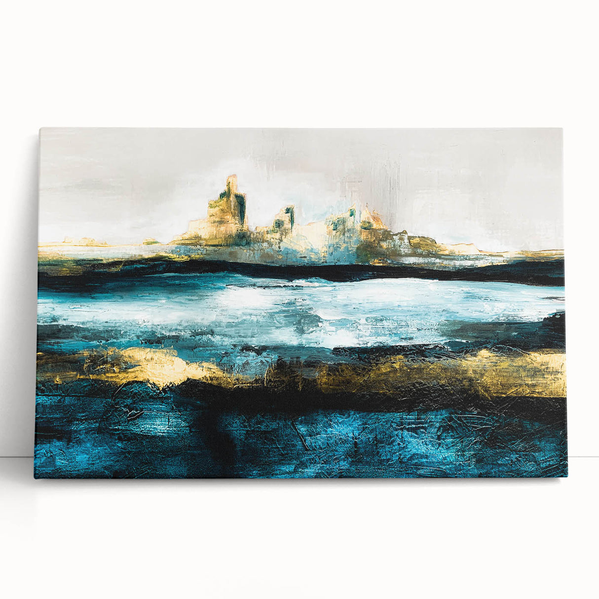 Abstract landscape wall art on stretched canvas, showcasing vibrant colors and fluid designs, perfect for modern home decor and interior styling.