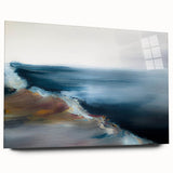 Abstract landscape wall art design featuring vibrant colors and flowing forms displayed in a modern setting, showcasing a sleek acrylic glass finish for a contemporary look.