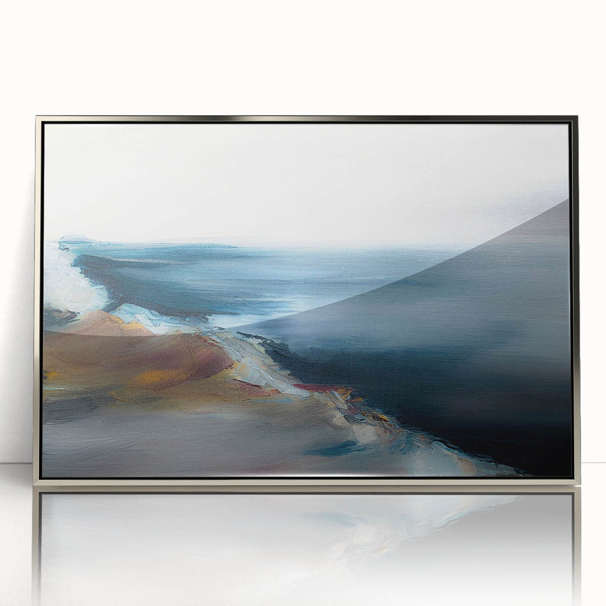 Framed abstract landscape wall art in silver acrylic, showcasing vibrant colors and fluid shapes, perfect for modern home decor.