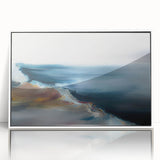 Framed abstract landscape wall art in white frame showcasing vibrant colors and fluid shapes, ideal for modern home decor.