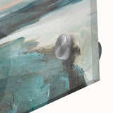Close-up of an abstract landscape wall art design featuring vibrant blue and green hues on acrylic glass, perfect for modern home decor.