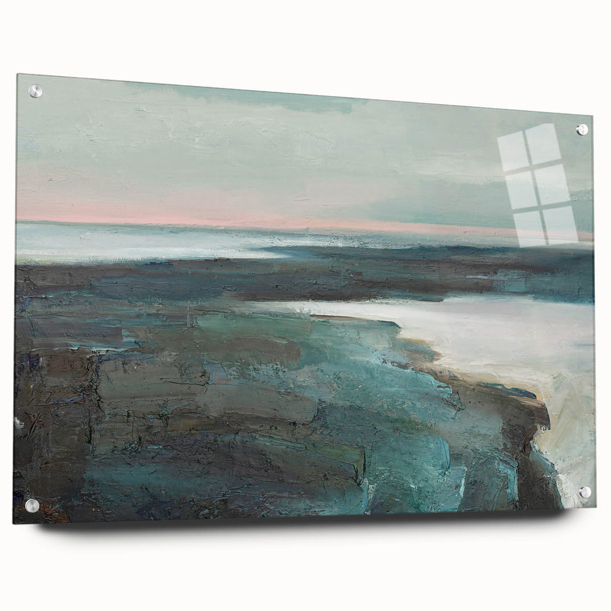 Acrylic glass wall art displaying an abstract landscape design in vibrant colors, elegantly mounted with pins for a modern look.