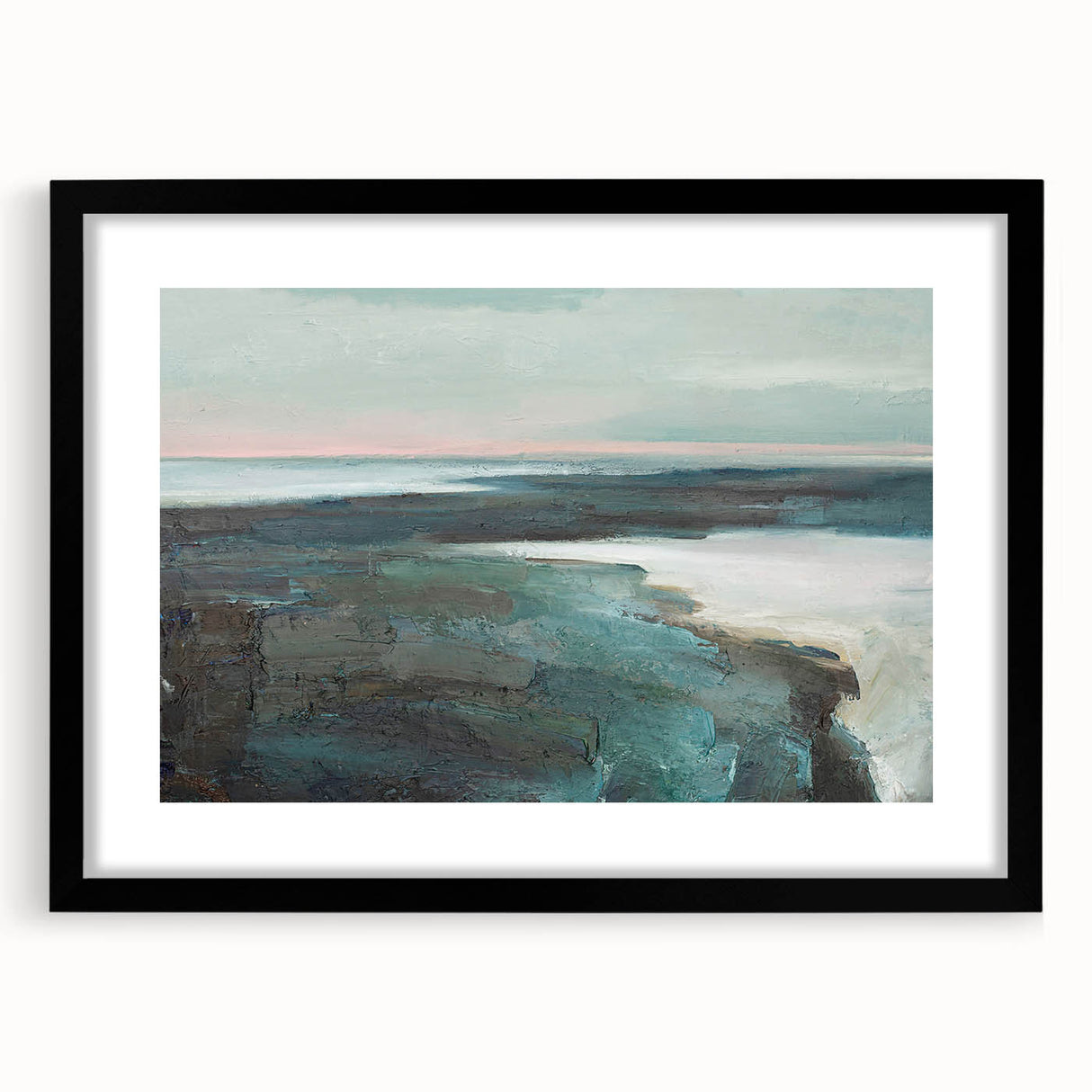 Framed abstract landscape wall art collection featuring a black mat and sleek black frame, showcasing vibrant colors and modern design elements.