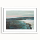 Framed abstract landscape wall art featuring soft earth tones and a minimalist design, showcasing a serene nature scene with a white mat.