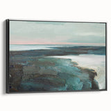 Framed abstract landscape wall art design showcasing vibrant colors and unique textures, featuring a sleek black frame and side profile view.