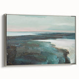 Framed abstract landscape wall art in silver, showcasing vibrant colors and fluid shapes, perfect for modern decor.
