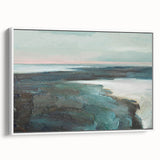 Framed abstract landscape wall art showcasing vibrant colors and fluid designs, presented with a sleek white frame for modern decor.