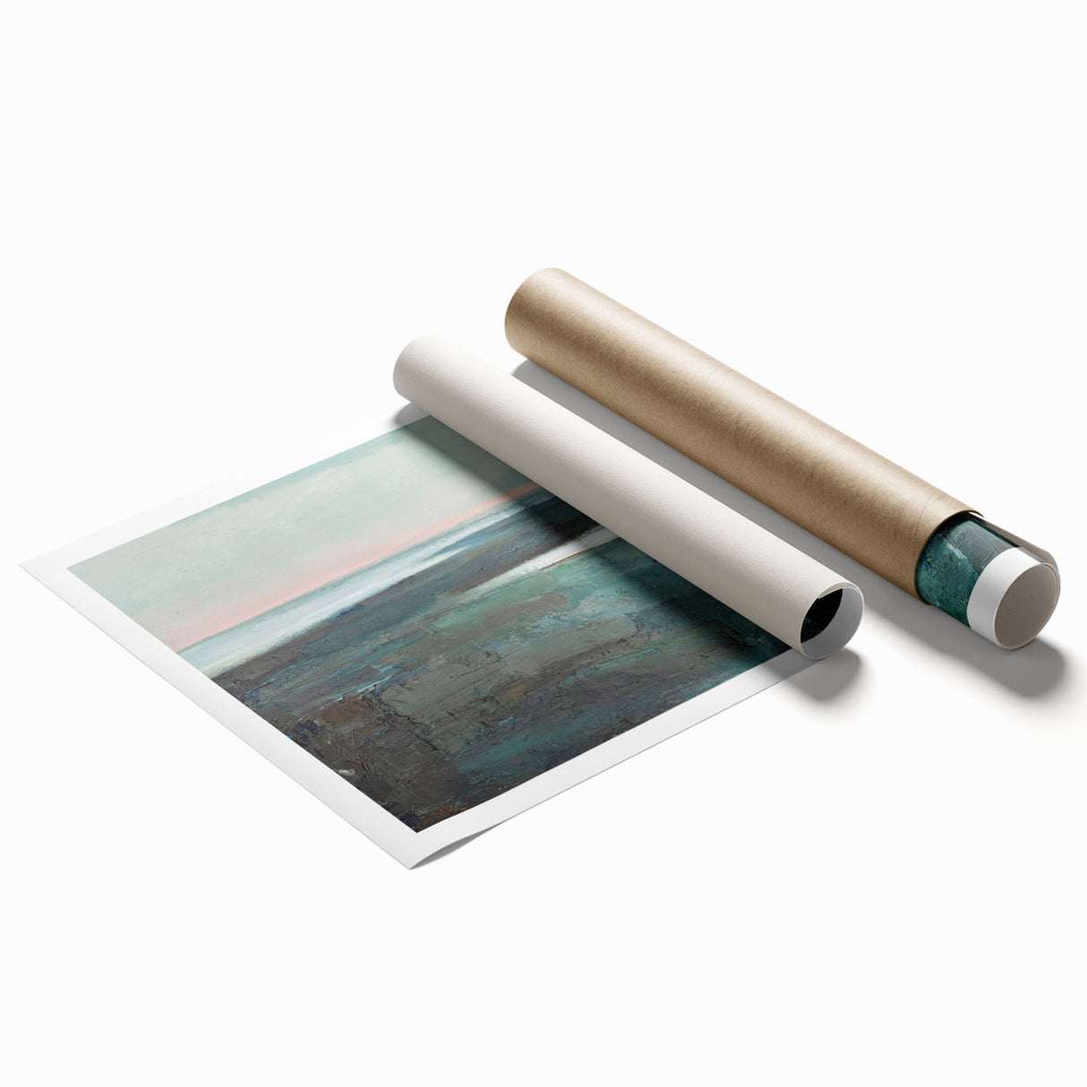 Abstract landscape wall art print showcasing vibrant colors and fluid shapes, perfect for modern decor, rolled for easy framing and display.