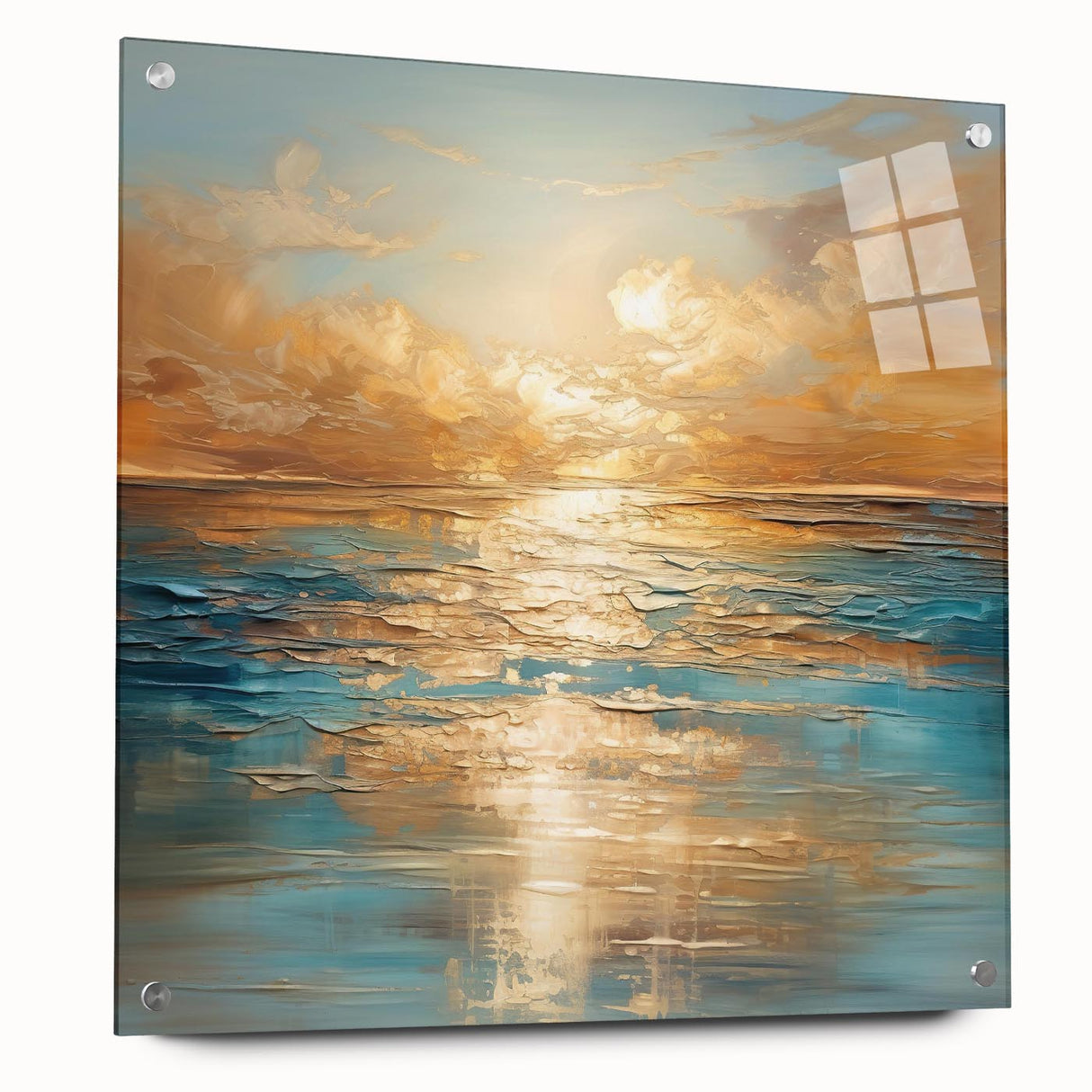 Acrylic glass wall art featuring an abstract landscape design in vibrant colors, displayed in a side view with mounting pins for easy installation.