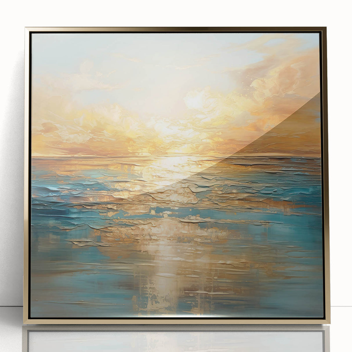 Framed abstract landscape wall art design showcasing vibrant colors and gold accents, enhancing modern decor with a contemporary touch.