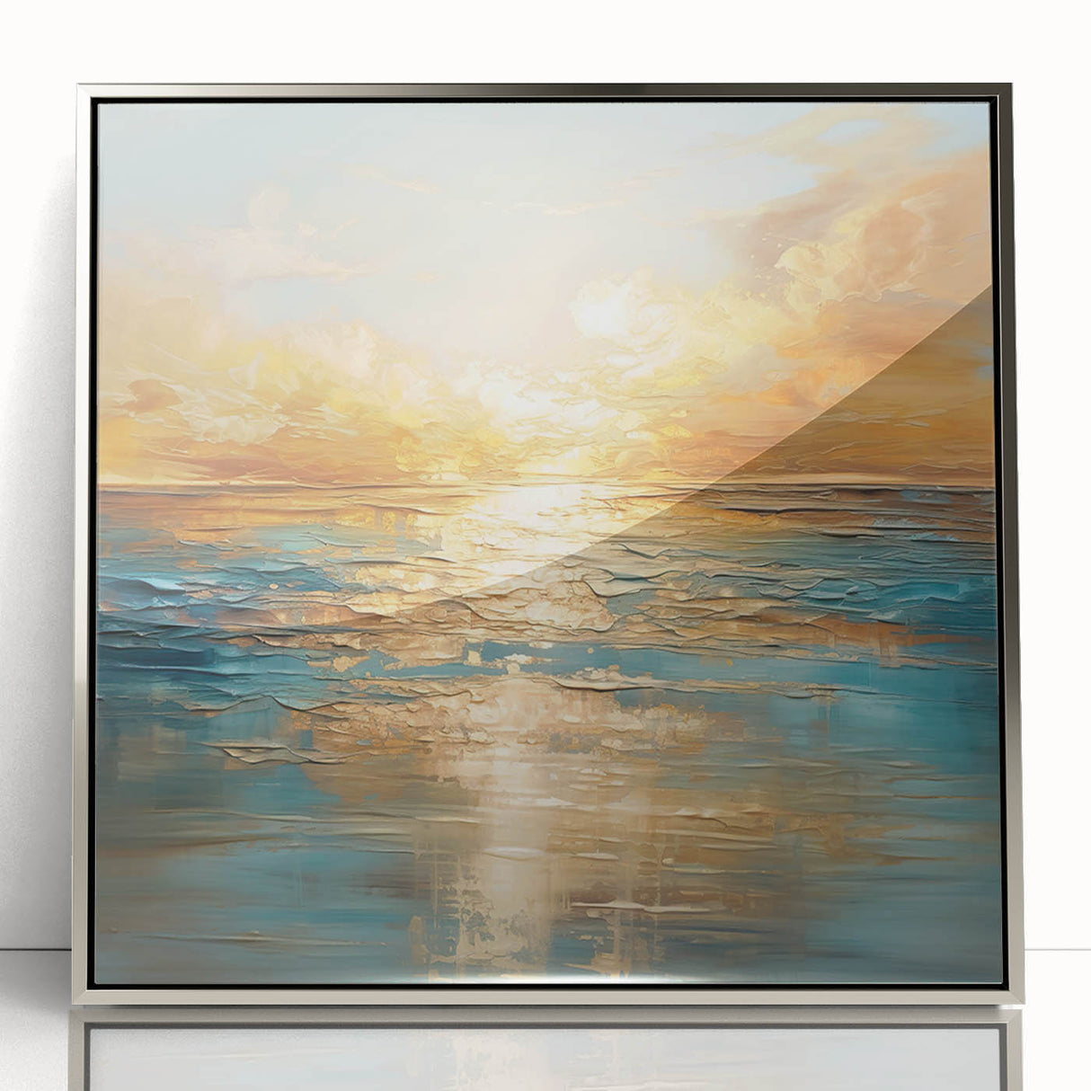 Framed abstract landscape wall art collection featuring silver accents, showcasing vibrant colors and dynamic shapes, perfect for modern decor.