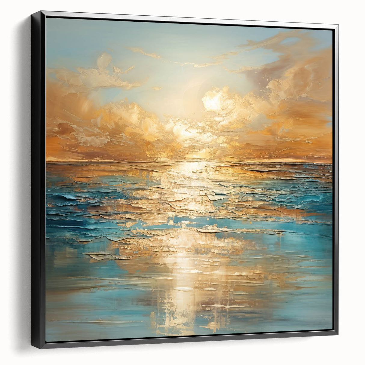 Framed abstract landscape wall art in a sleek black frame, showcasing vibrant colors and dynamic shapes, ideal for modern decor.