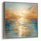 Framed abstract landscape wall art featuring a serene design with soft blue and green hues, showcased in a sleek silver frame from a side view.