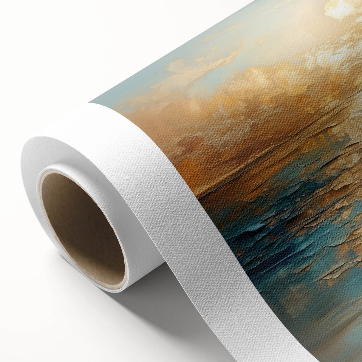 Abstract wall art featuring a vibrant, colorful landscape design on rolled canvas, showcasing swirling patterns and dynamic textures for modern decor.