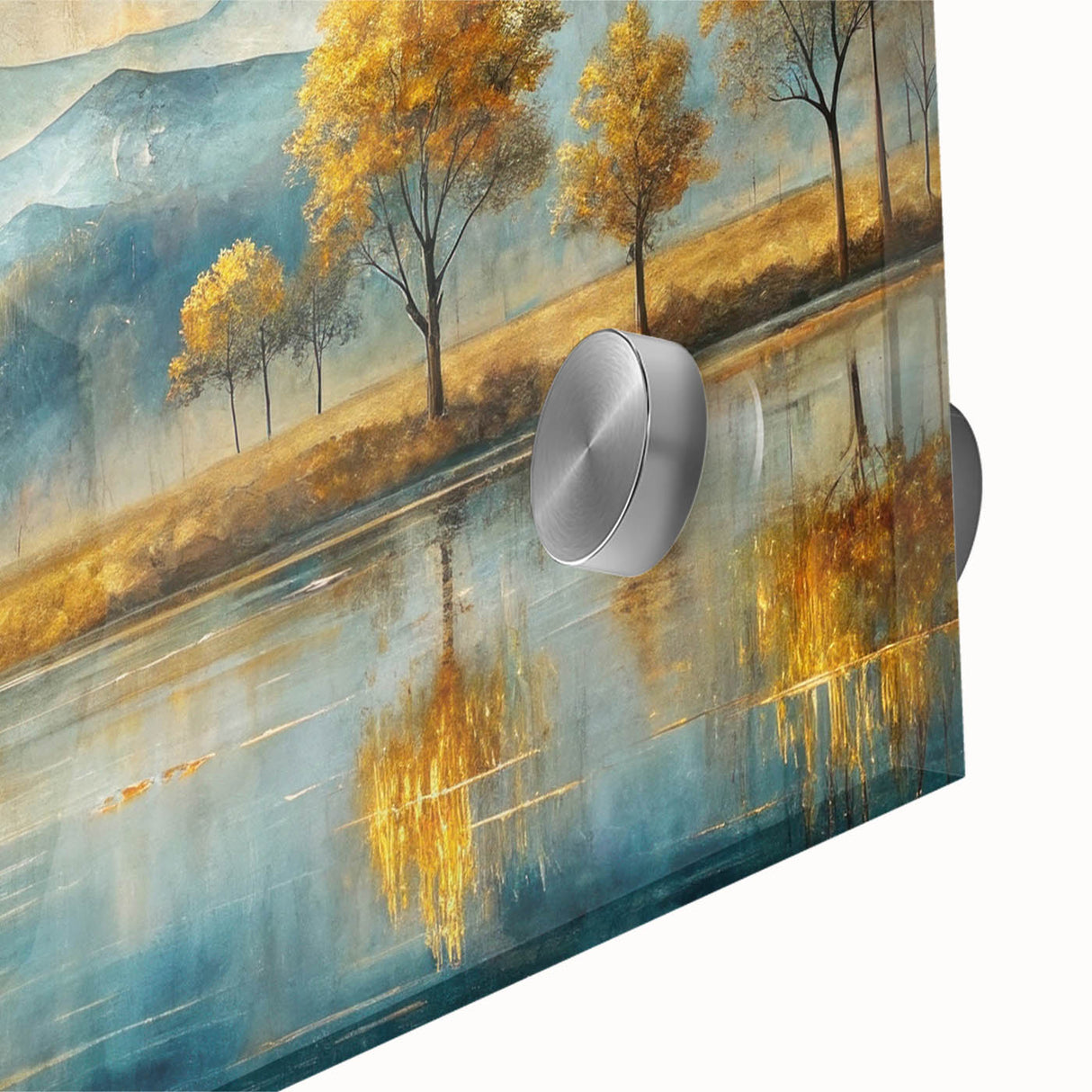 Close-up of abstract landscape wall art collection, showcasing vibrant colors and fluid patterns on acrylic glass for modern decor.