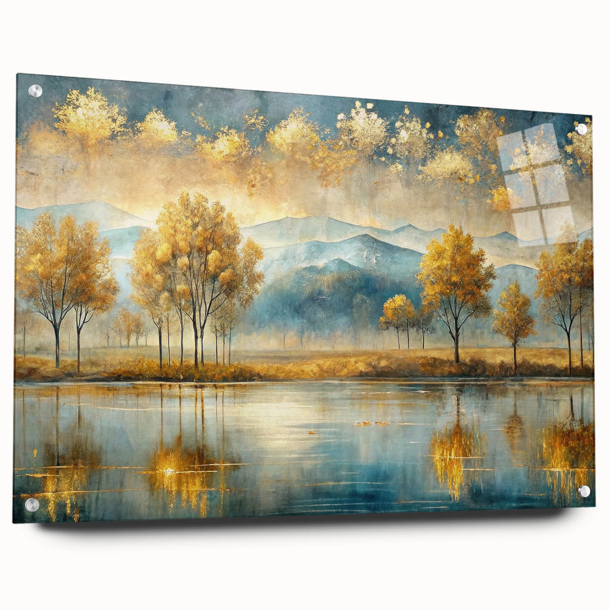 Abstract landscape wall art collection displayed in acrylic glass, showcasing vibrant colors and textures, mounted on a stylish wall with pins.