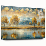 Abstract landscape wall art collection displayed in acrylic glass, showcasing vibrant colors and textures, mounted on a stylish wall with pins.
