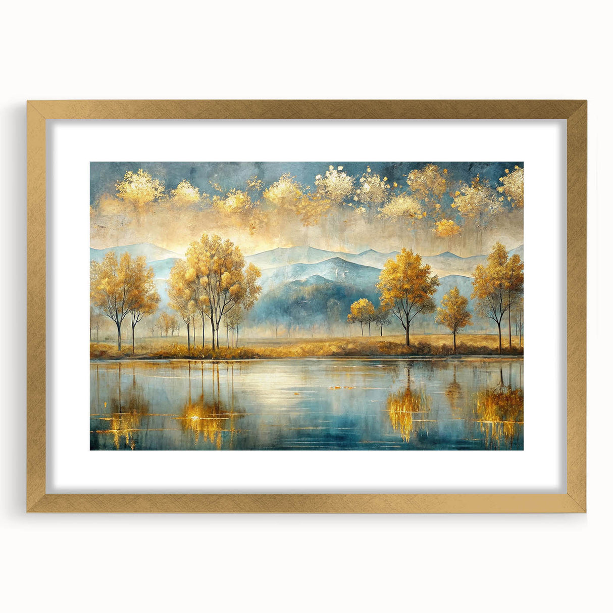 Framed abstract landscape wall art design in gold, showcasing vibrant colors and textures, perfect for modern home decor.