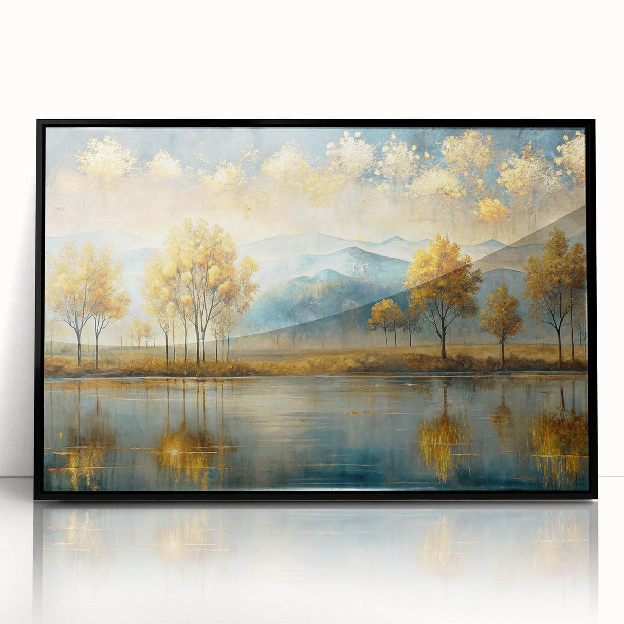 Framed abstract landscape wall art featuring vibrant colors and dynamic shapes, showcasing a modern artistic design in a black frame.