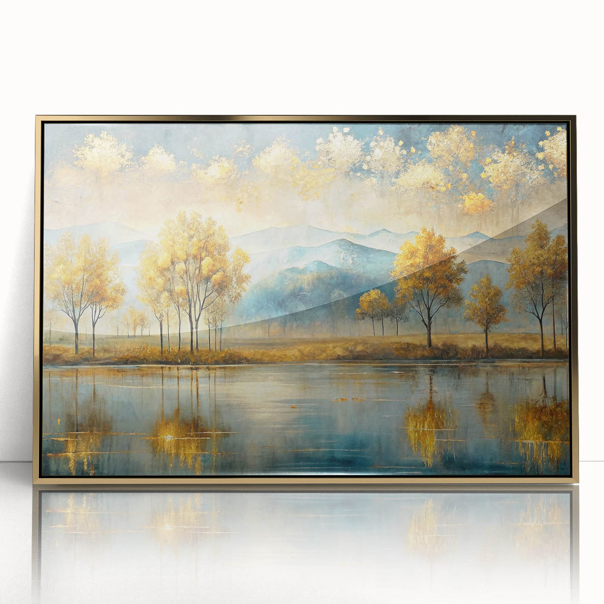 Framed abstract landscape wall art collection showcasing vibrant gold and earthy tones, designed to enhance modern home decor aesthetics.