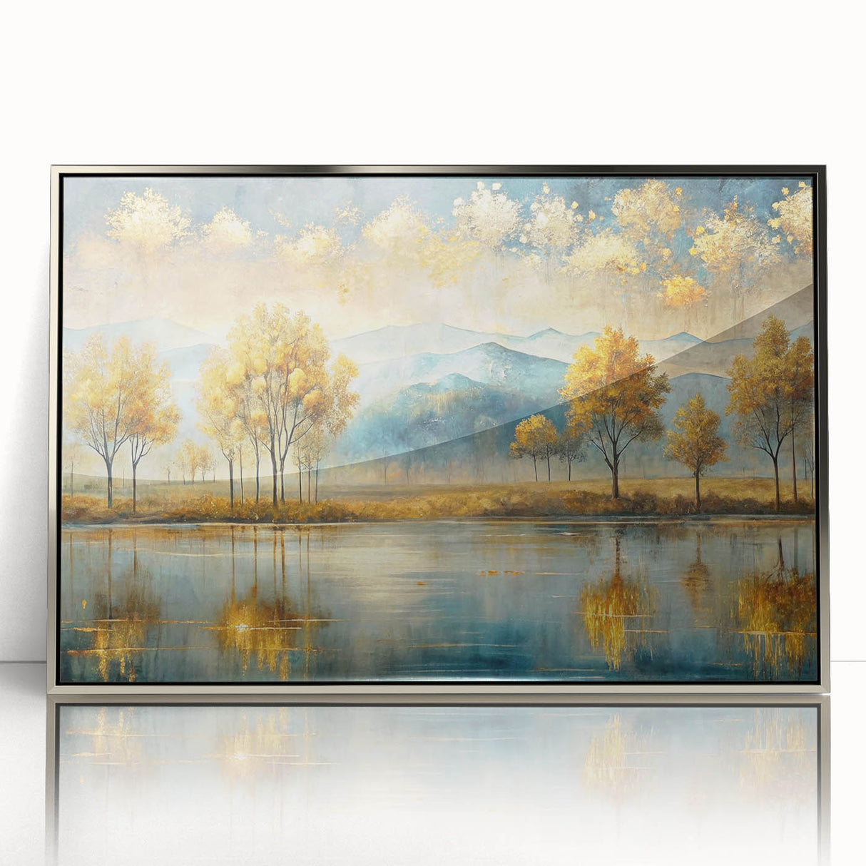 Framed abstract landscape wall art showcasing a vibrant mix of blues, greens, and silvers, complemented by a sleek acrylic finish for modern decor.