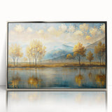 Framed abstract landscape wall art showcasing a vibrant mix of blues, greens, and silvers, complemented by a sleek acrylic finish for modern decor.