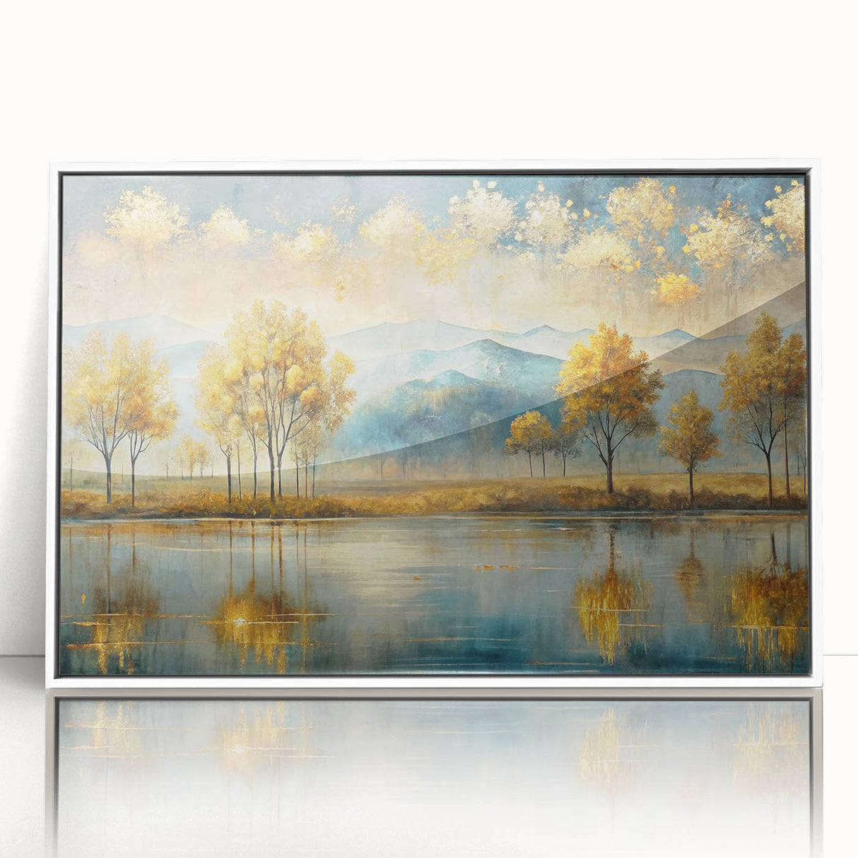 Framed abstract landscape wall art collection showcasing vivid colors and modern design, presented in a sleek white frame for contemporary decor.