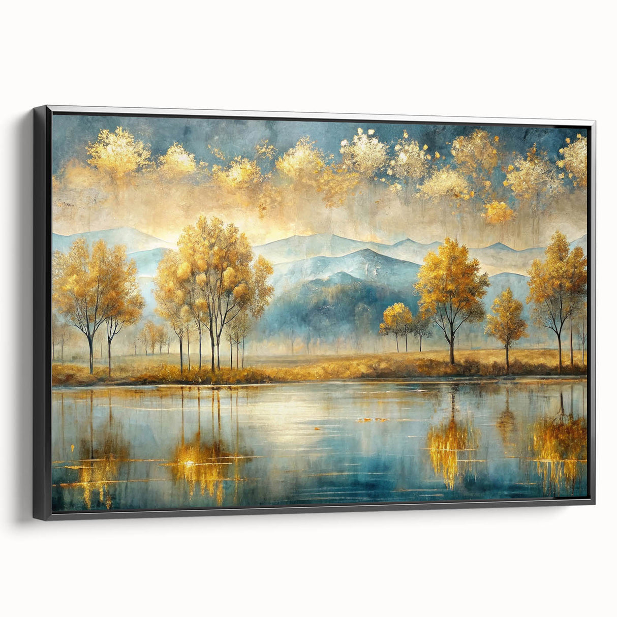 Framed abstract landscape wall art design showcasing vibrant colors and textured brush strokes, set in a sleek black frame for modern decor.