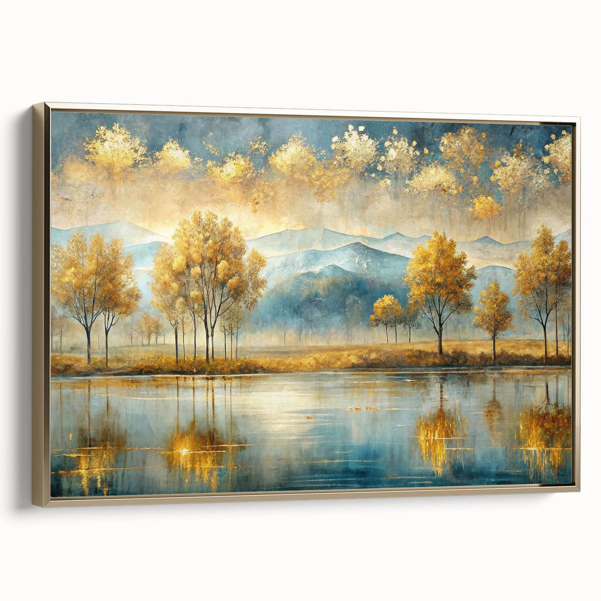 Framed abstract landscape wall art collection showcasing vibrant gold accents and textured canvas, enhancing modern decor in any space.