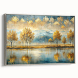 Framed abstract landscape wall art with silver accents, showcasing vibrant colors and fluid shapes, perfect for modern home d��cor.