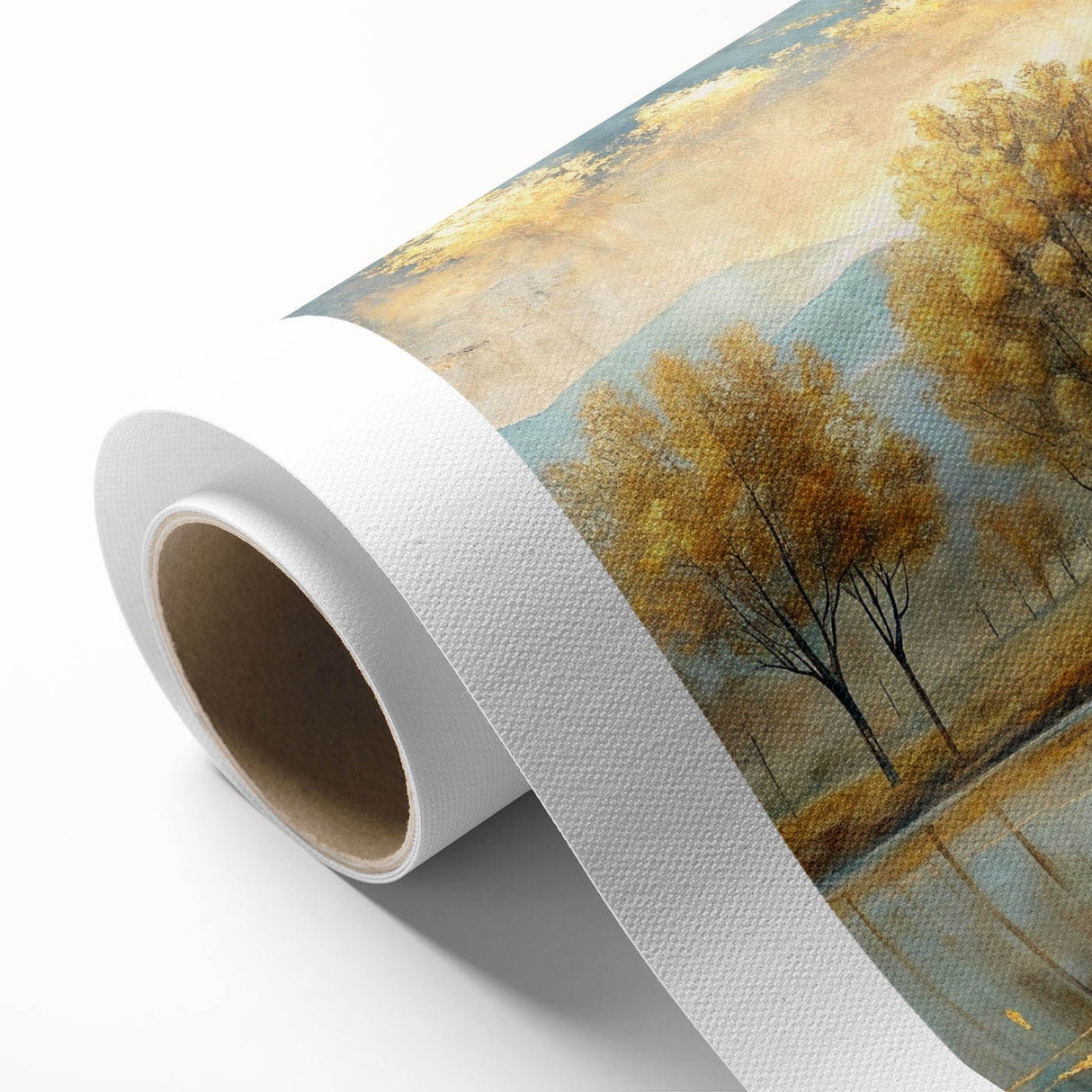 Vibrant abstract landscape wall art on rolled canvas, showcasing rich colors and dynamic brush strokes, ideal for modern home decor.