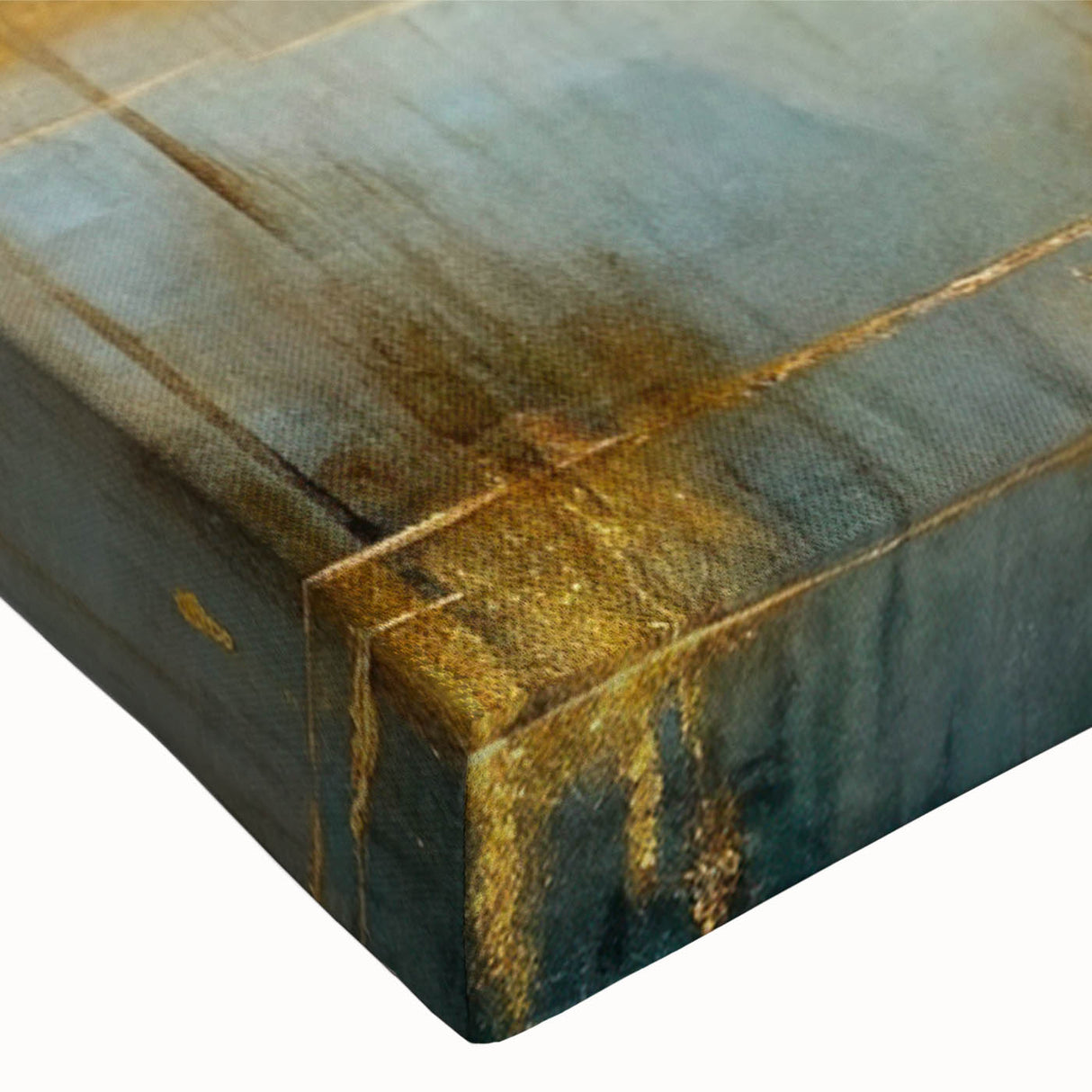 Close-up of a stretched canvas artwork depicting an abstract landscape with vibrant colors and textured brush strokes, ideal for modern decor.