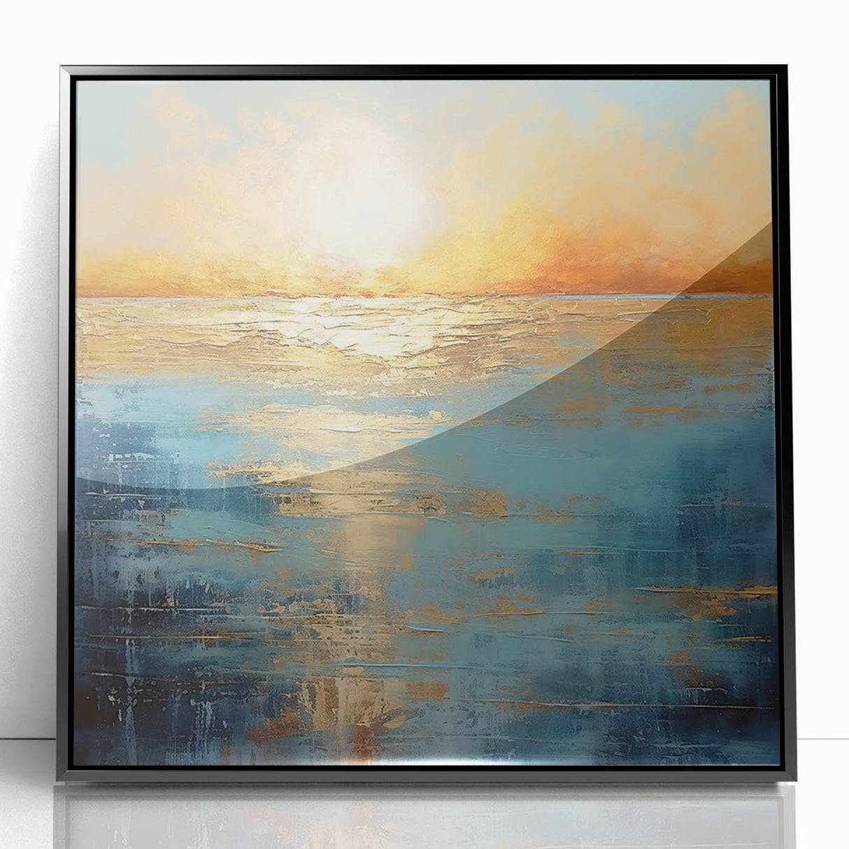 Framed abstract landscape wall art design showcasing vibrant colors and dynamic shapes in a sleek black frame, ideal for modern decor.