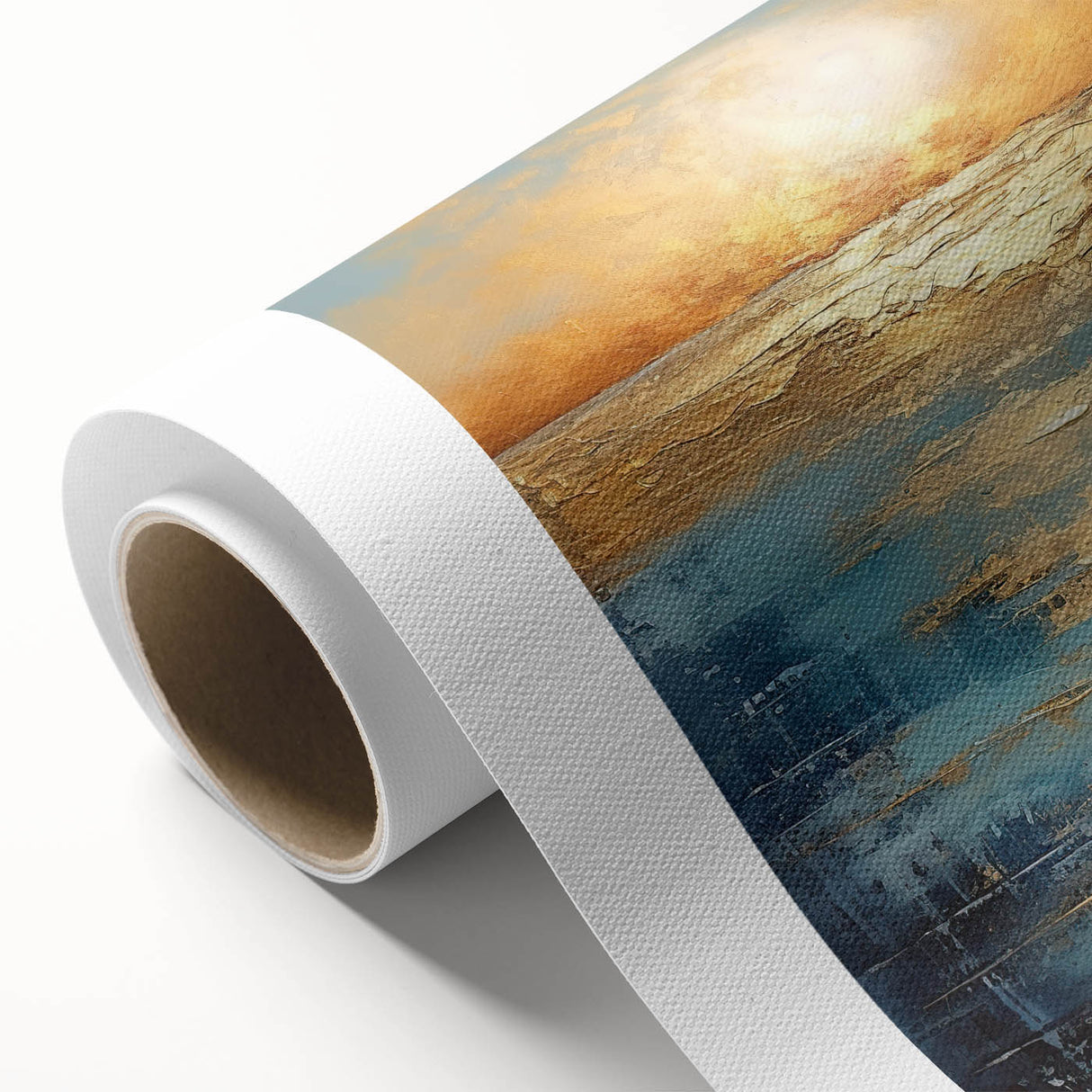 Abstract landscape wall art on rolled canvas, showcasing vibrant colors and fluid shapes, perfect for modern decor in living spaces.