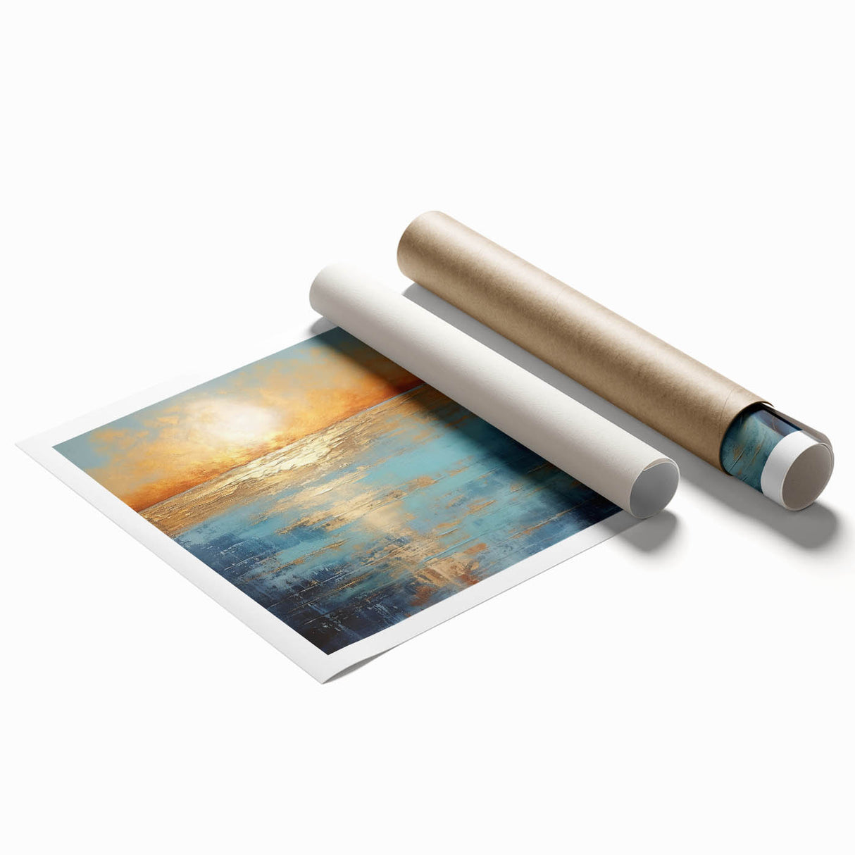 Abstract landscape wall art print showcasing vibrant colors and fluid shapes, rolled for easy shipping and ready for framing.