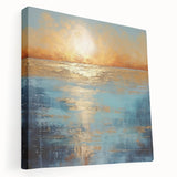 Stretched canvas wall art showcasing an abstract landscape design in vibrant hues of blue and orange, adding a modern touch to any decor.
