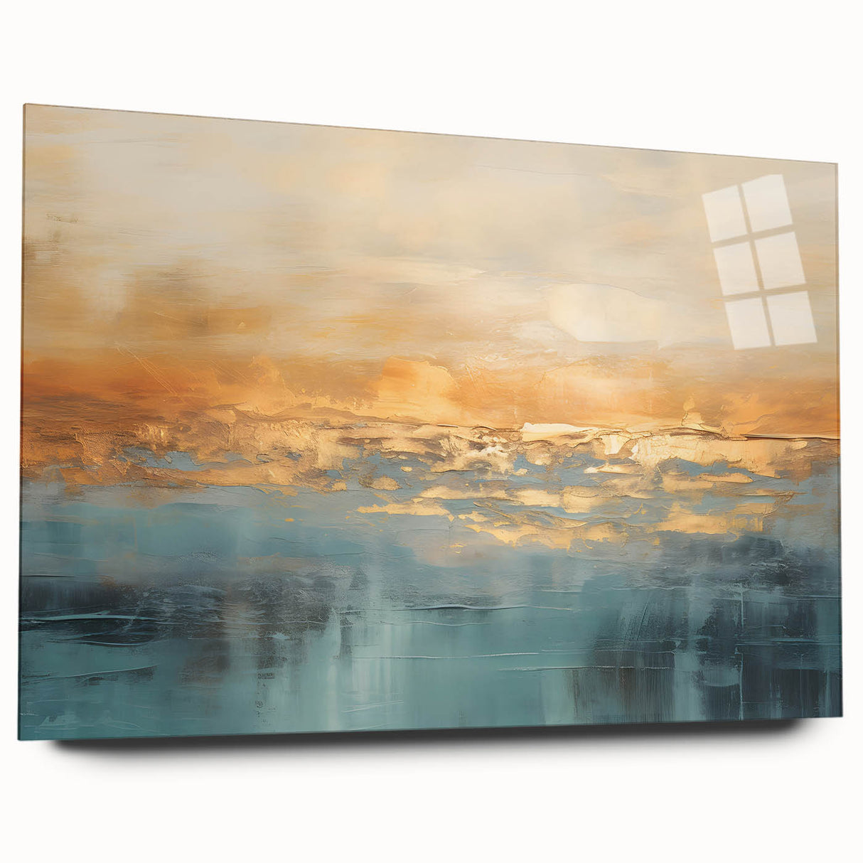 Abstract landscape wall art design showcasing vibrant colors and fluid shapes, printed on acrylic glass, elegantly displayed from the side.
