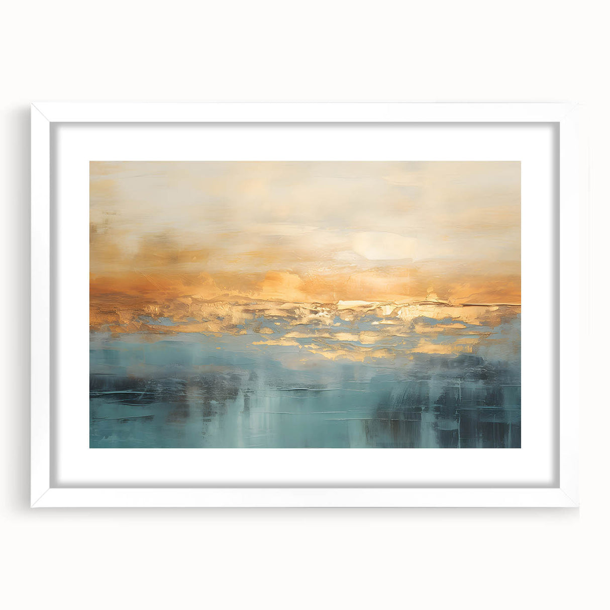 Framed abstract landscape wall art design in a white mat and frame, showcasing soft colors and fluid shapes, perfect for modern decor.