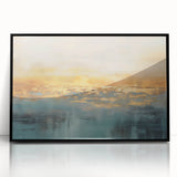 Framed abstract landscape wall art design featuring vibrant colors and dynamic shapes, showcased in a sleek black frame for modern decor.