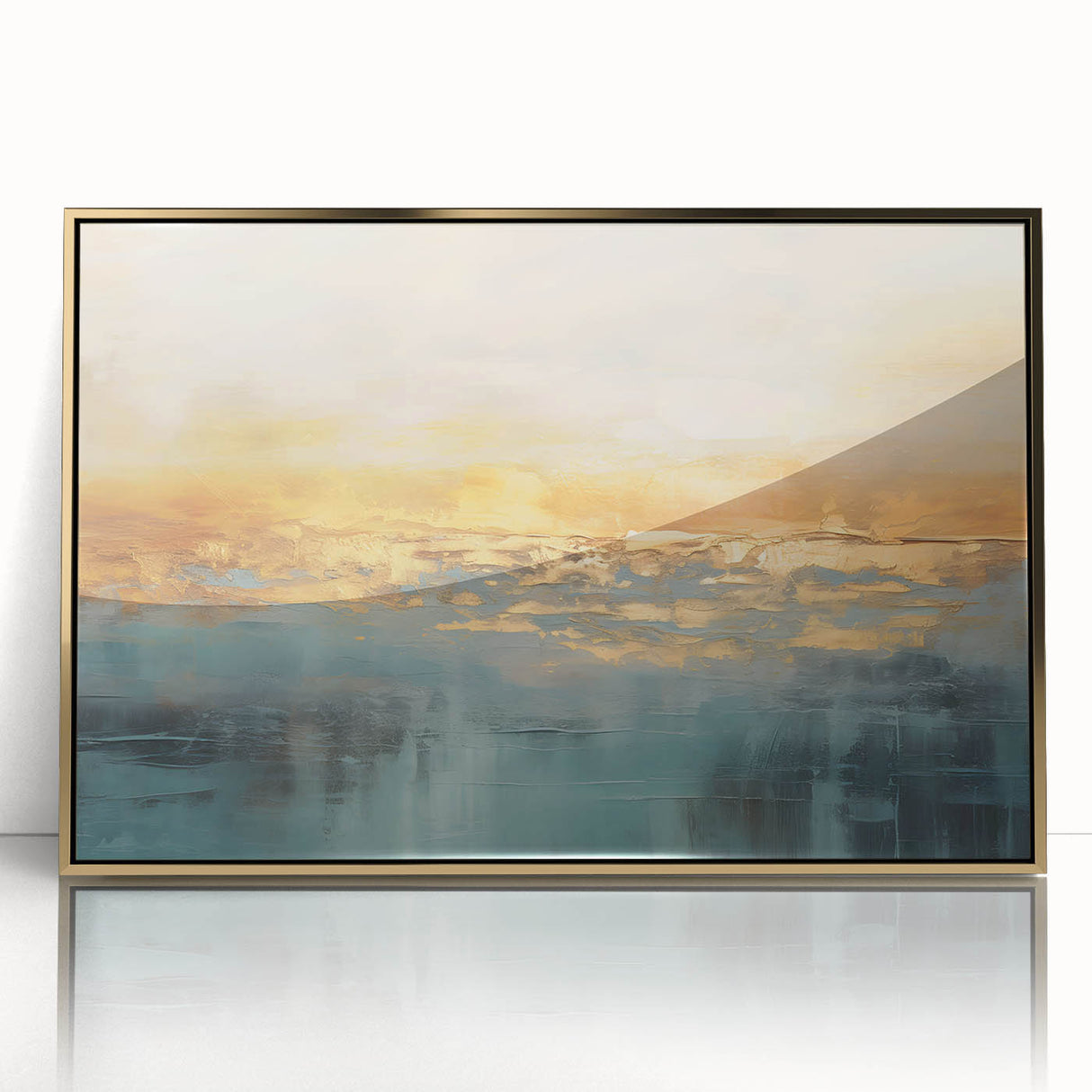 Framed abstract landscape wall art collection featuring a gold-accented design with vibrant colors, perfect for modern home decor.