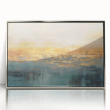 Framed abstract landscape wall art design in silver-acrylic finish, showcasing vibrant colors and fluid shapes, ideal for modern decor.
