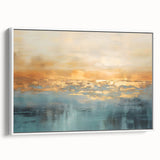 Framed abstract landscape wall art with vibrant colors and fluid designs, showcasing a contemporary style in a white frame.