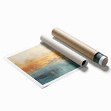 Vibrant abstract landscape wall art print showcasing fluid brush strokes in shades of blue, green, and orange, perfect for modern decor.