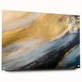 Abstract landscape wall art design featuring vibrant colors and fluid shapes, displayed in an acrylic glass frame with mounting pins for a modern aesthetic.